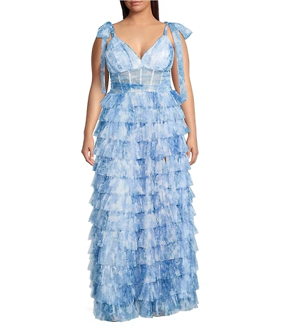 B. Darlin Plus Size Floral Printed Mesh Tie Shoulder Shirred V-Neck Corseted Cascade Ruffle Tiered Dress