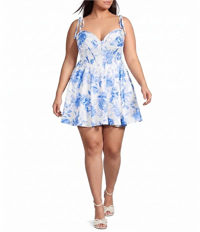 B. Darlin Plus Size Floral Printed Tie Shoulder Corseted A-Line Dress