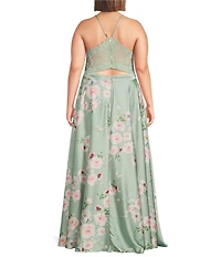 B. Darlin Plus Size Floral Printed V-Neck Lace Up Back Dress