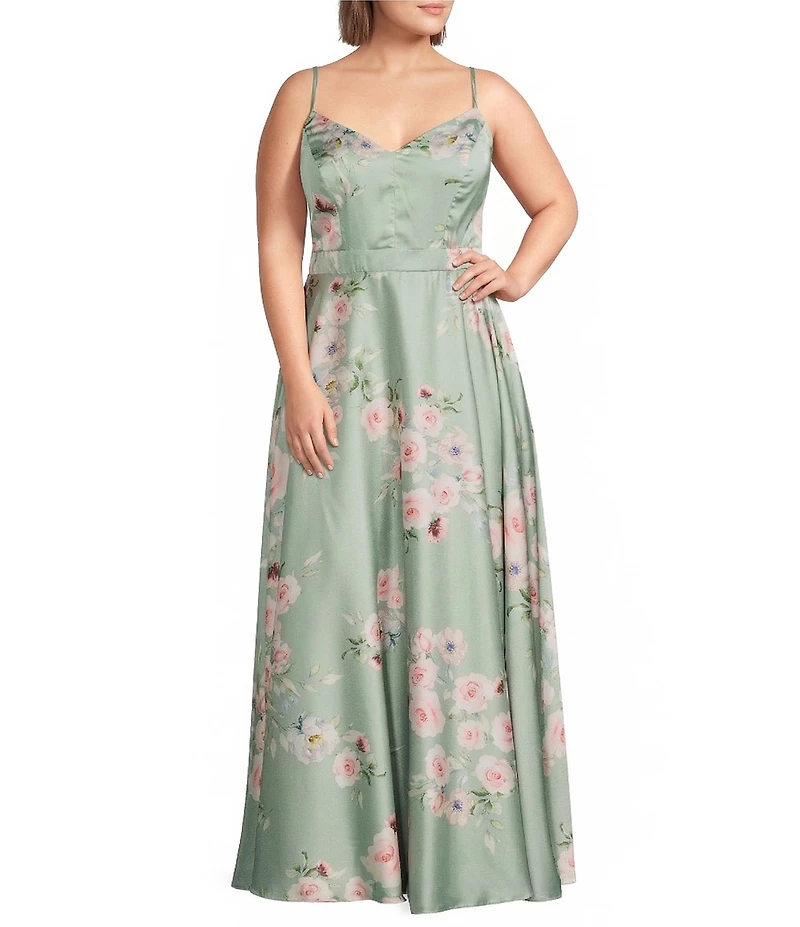 B. Darlin Plus Size Floral Printed V-Neck Lace Up Back Dress