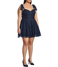 B. Darlin Plus Size Glitter Mesh Tie Shoulder Sweetheart Neck A-Line Dress