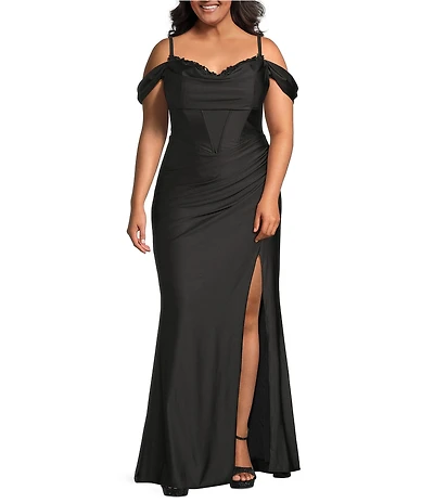 B. Darlin Plus Size Off The Shoulder Drape Neck Bustier Bodice Faux Wrap Dress