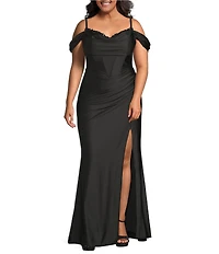B. Darlin Plus Size Off The Shoulder Drape Neck Bustier Bodice Faux Wrap Dress