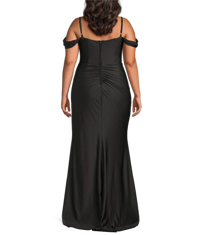 B. Darlin Plus Size Off The Shoulder Drape Neck Bustier Bodice Faux Wrap Dress