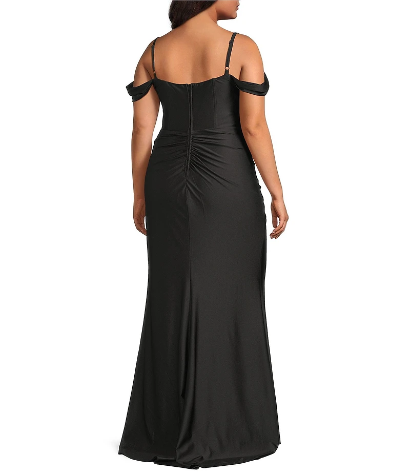 B. Darlin Plus Size Off The Shoulder Drape Neck Bustier Bodice Faux Wrap Dress