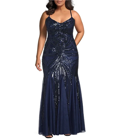 B. Darlin Plus Size Pattern Sequin V-Neck Spaghetti Strap Lace Up Back Godet Dress