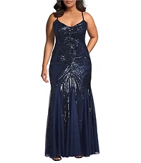 B. Darlin Plus Size Pattern Sequin V-Neck Spaghetti Strap Lace Up Back Godet Dress