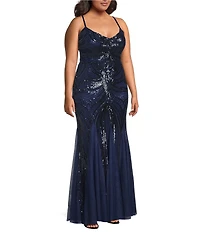 B. Darlin Plus Size Pattern Sequin V-Neck Spaghetti Strap Lace Up Back Godet Dress
