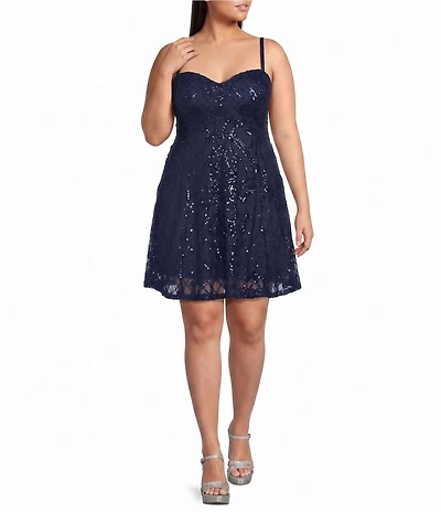 B. Darlin Plus Size Patterned Sequin Sweetheart Neck Tie Back Dress