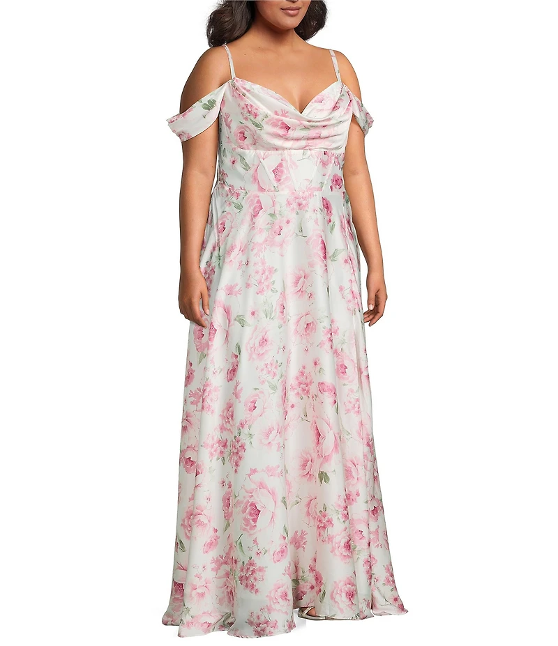 B. Darlin Plus Size Satin Floral Printed Off-The-Shoulder Sweetheart Neck Bustier Bodice Dress