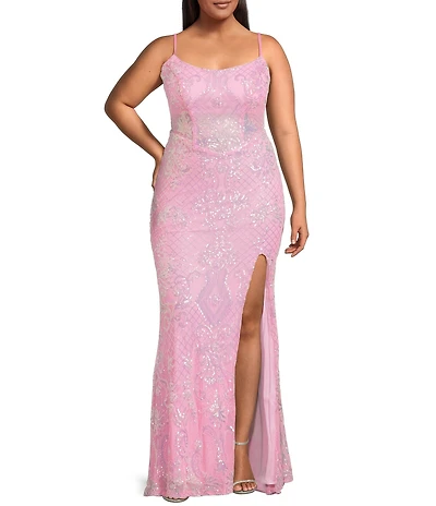 B. Darlin Plus Size Sequin Pattern Scoop Neck Spaghetti Strap Side Slit Dress