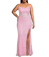 B. Darlin Plus Size Sequin Pattern Scoop Neck Spaghetti Strap Side Slit Dress
