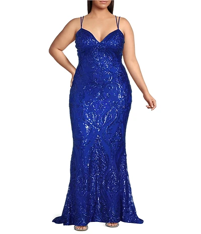 B. Darlin Plus Size Sequin Patterned V-Neck Lace-Up Back Mermaid Dress
