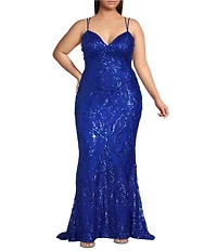 B. Darlin Plus Size Sequin Patterned V-Neck Lace-Up Back Mermaid Dress