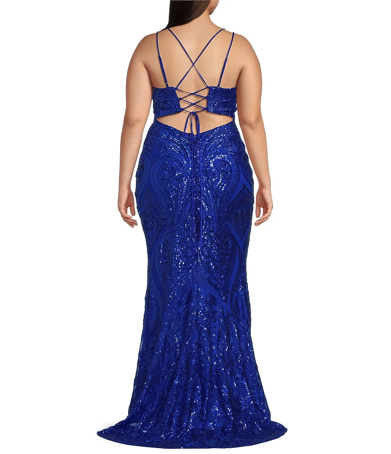 B. Darlin Plus Size Sequin Patterned V-Neck Lace-Up Back Mermaid Dress