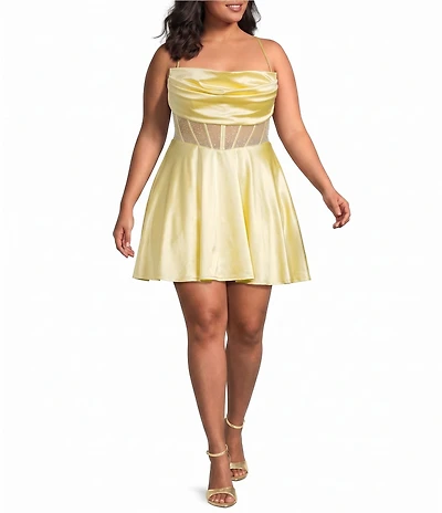 B. Darlin Plus Size Sweetheart Drape Neck Illusion Waist Party Dress