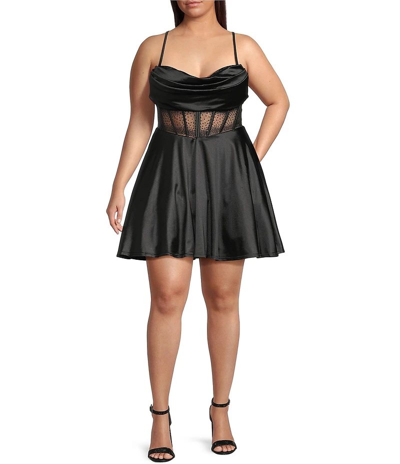 B. Darlin Plus Size Sweetheart Drape Neck Illusion Waist Party Dress