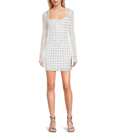 B. Darlin Power Mesh Allover Rhinestone Long Sleeves Square Neck Dress