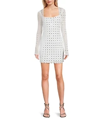 B. Darlin Power Mesh Allover Rhinestone Long Sleeves Square Neck Dress