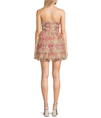 B. Darlin Printed Mesh Spaghetti Strap Sweetheart Ruffle Skirt Rosette Dress