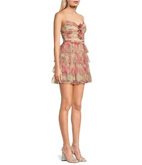 B. Darlin Printed Mesh Spaghetti Strap Sweetheart Ruffle Skirt Rosette Dress