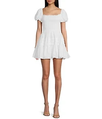 B. Darlin Puff Short Sleeve Square Neck Smocked Skater Skirt Dress