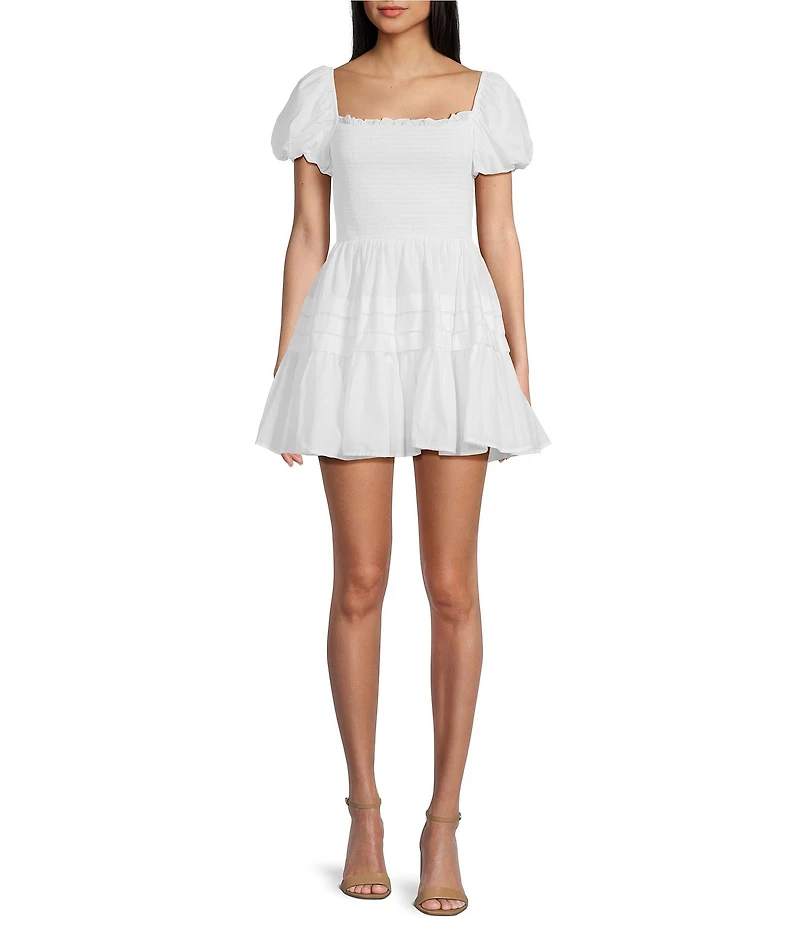 B. Darlin Puff Short Sleeve Square Neck Smocked Skater Skirt Dress