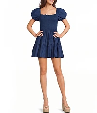 B. Darlin Puff Short Sleeve Square Neck Smocked Skater Skirt Dress