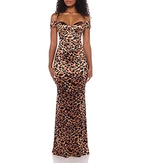 B. Darlin Satin Animal Print Off The Shoulder Sweetheart Neck Bustier Fitted Ball Gown