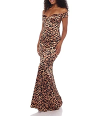 B. Darlin Satin Animal Print Off The Shoulder Sweetheart Neck Bustier Fitted Ball Gown
