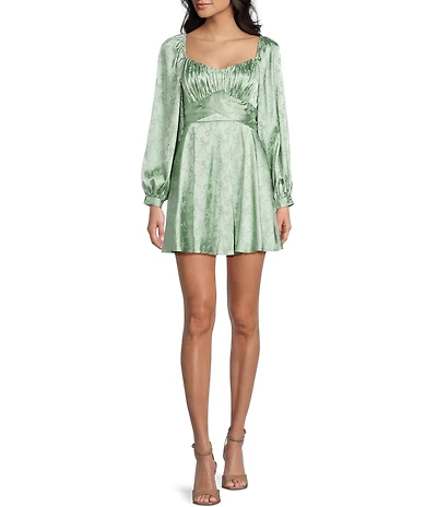 B. Darlin Satin Bow Patterned Scoop Neck Long Sleeve Dress