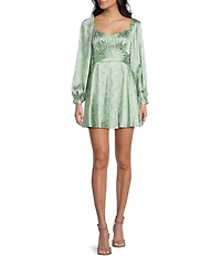 B. Darlin Satin Bow Patterned Scoop Neck Long Sleeve Dress