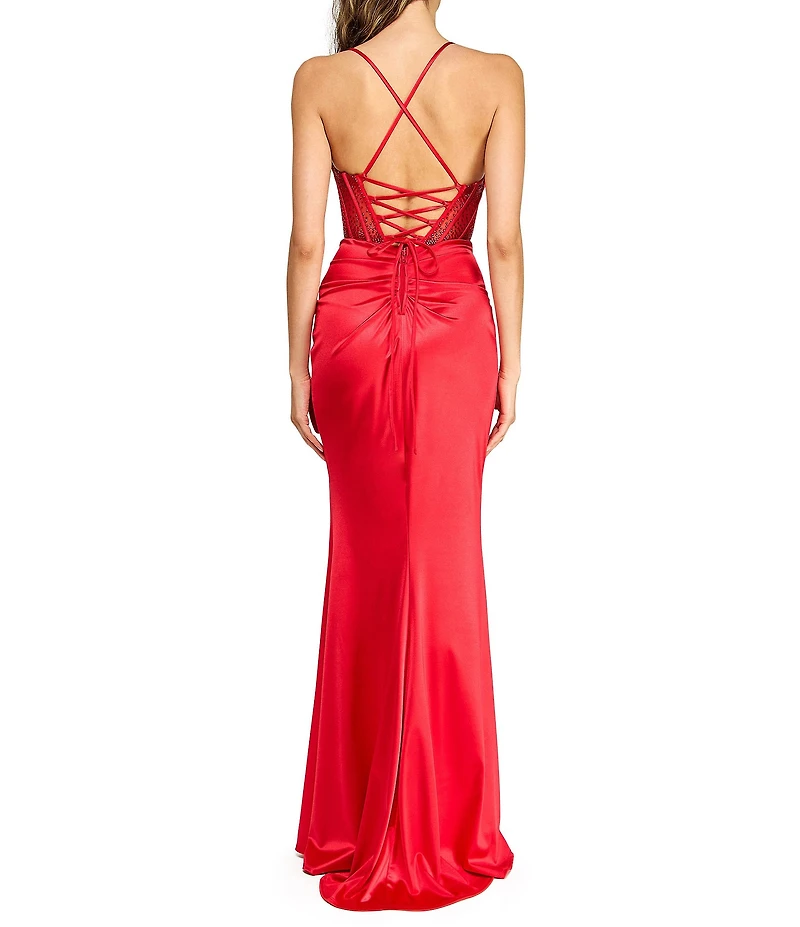 B. Darlin Satin Bustier Heat Stone Trim Lace Up Back Dress
