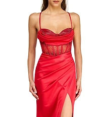 B. Darlin Satin Bustier Heat Stone Trim Lace Up Back Dress