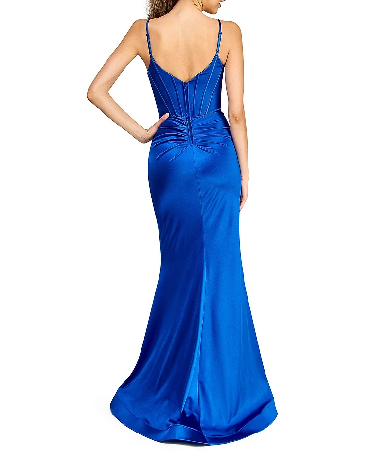 B. Darlin Satin Bustier Illusion Inset Side Slit Dress