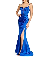 B. Darlin Satin Bustier Illusion Inset Side Slit Dress