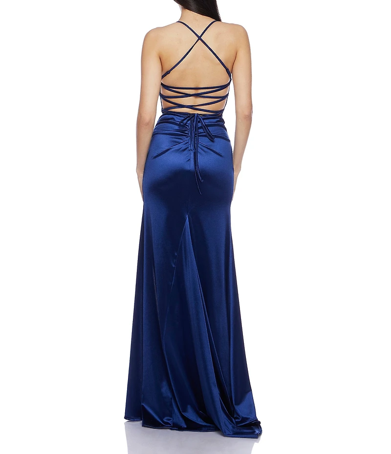 B. Darlin Satin Cowl Neck Lace-Up Back Side Slit Ball Gown