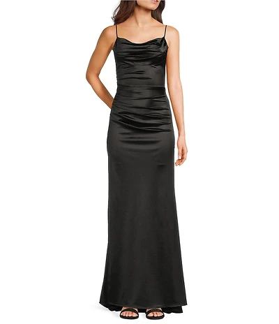 B. Darlin Satin Cowl Neck Shirred Lace-Up Back Long Dress