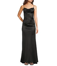 B. Darlin Satin Cowl Neck Shirred Lace-Up Back Long Dress