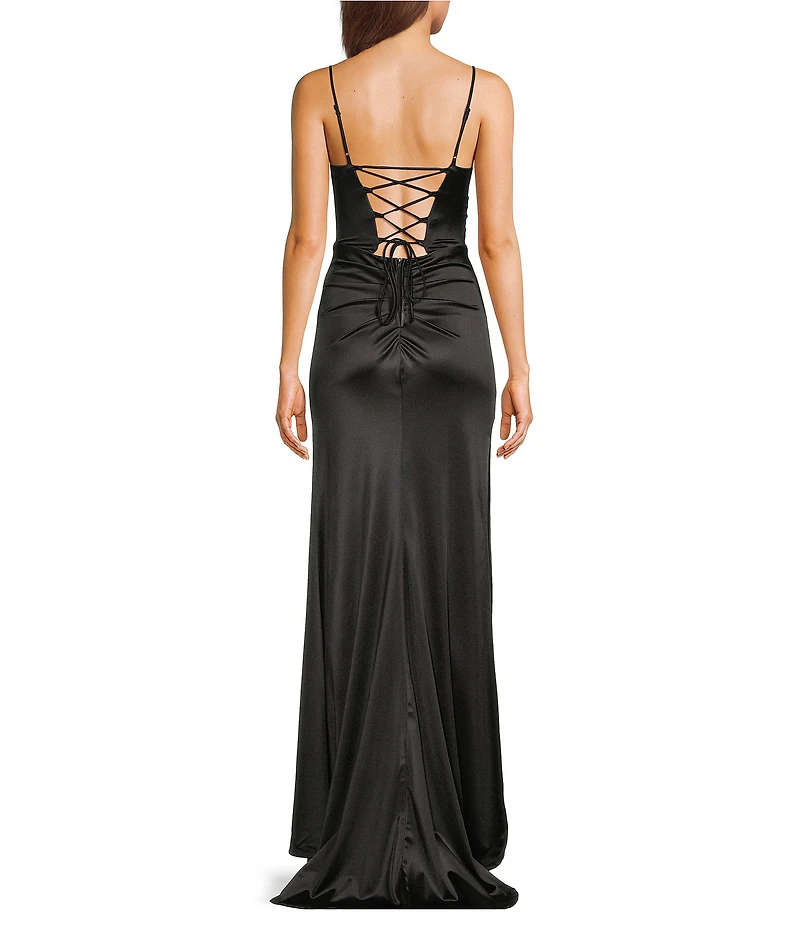 B. Darlin Satin Cowl Neck Shirred Lace-Up Back Long Dress