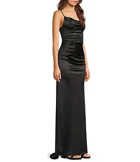 B. Darlin Satin Cowl Neck Shirred Lace-Up Back Long Dress