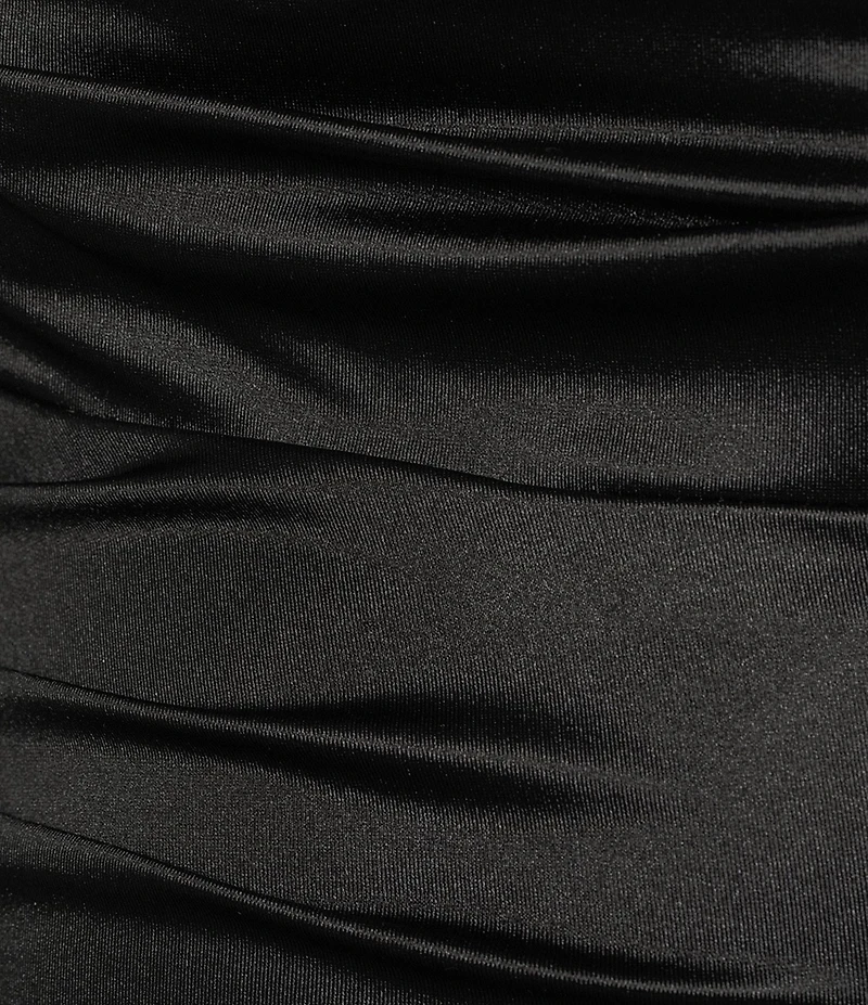 B. Darlin Satin Cowl Neck Shirred Lace-Up Back Long Dress