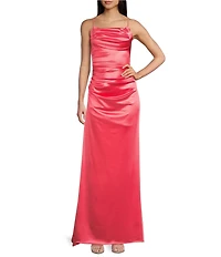 B. Darlin Satin Cowl Neck Shirred Lace-Up Back Long Dress