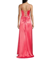 B. Darlin Satin Cowl Neck Shirred Lace-Up Back Long Dress