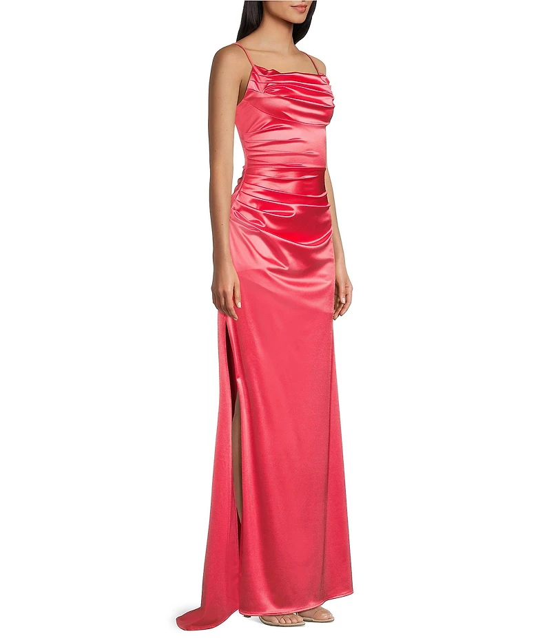 B. Darlin Satin Cowl Neck Shirred Lace-Up Back Long Dress