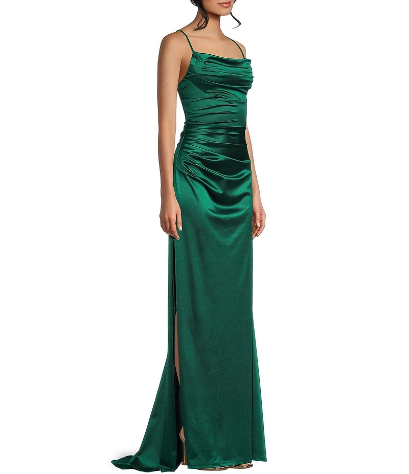 B. Darlin Satin Cowl Neck Shirred Lace-Up Back Long Dress
