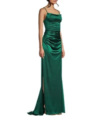 B. Darlin Satin Cowl Neck Shirred Lace-Up Back Long Dress