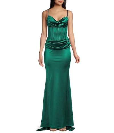 B. Darlin Satin Drape Neck Corset Bustier Bodice Mermaid Dress