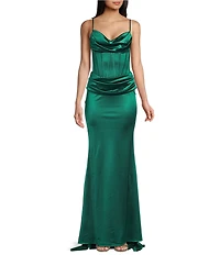 B. Darlin Satin Drape Neck Corset Bustier Bodice Mermaid Dress