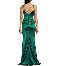 B. Darlin Satin Drape Neck Corset Bustier Bodice Mermaid Dress